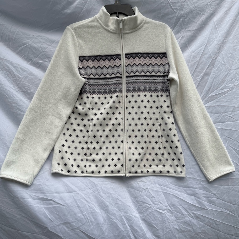 Croft & Barrow Off White and Black Patterned Zip-Up Fleece Jacket Long Sleeve Sm